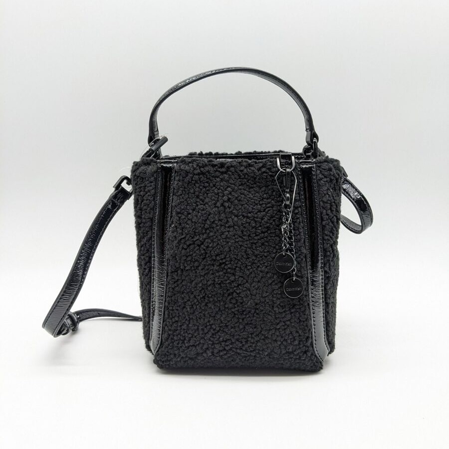 Calvin Klein Astatine Sherpa And Patent Leather Top Handle Mini Crossbody -Black